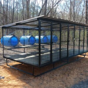 Standard Four-Bay Dog Kennel with Barrel Dog Houses